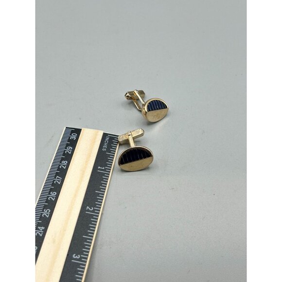 Vintage Swank Cufflinks Gold Tone Blue Textured Sides Mid Century Modern Design - Picture 8 of 8